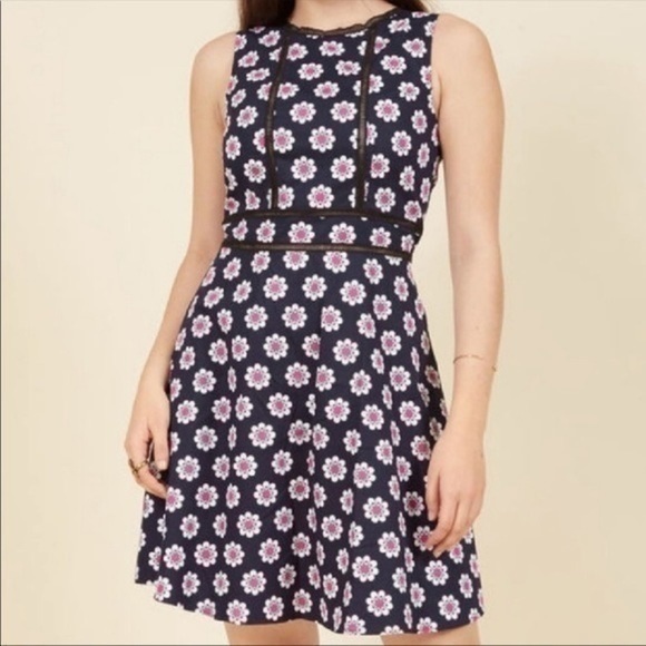 ModCloth Trollied Dolly Daisy Print Dress, Navy and Pink, Small - Picture 1 of 10